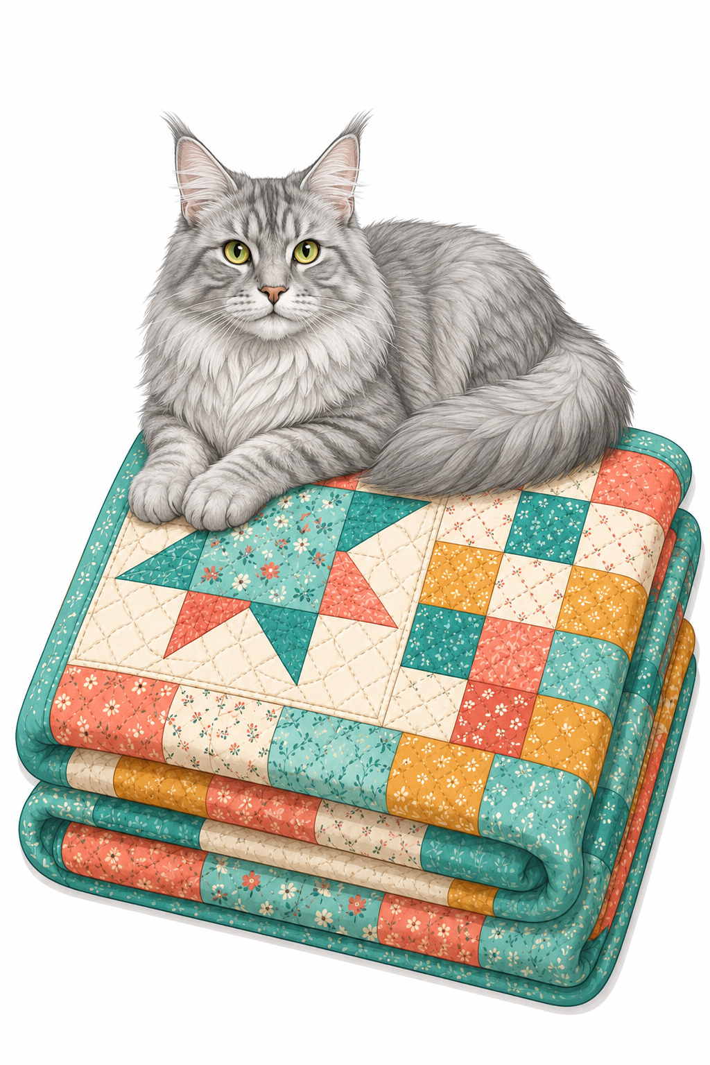 Silver Maine Coon cat resting on a colorful patchwork quilt